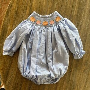 Stitchy fish light blue Baby Romper with Orange pumpkin Embroidery